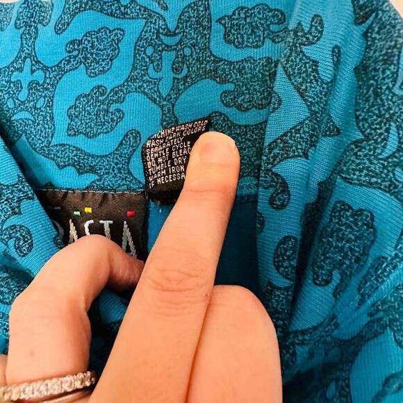 Vintage Pasta 80s Teal Blue Geometric Mock Neck Long Sleeve Shirt Size Large - Picture 3 of 7